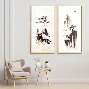 Zen Meditation Room Wall Art. Set di dipinti a inchiostro giapponesi originali Feng Shui rock mauntain. Sumie Black&white Landscape artwork 14 x 18 pollici