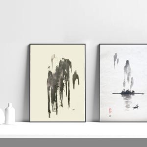 Dipinto cinese Sumie &quot;Montagne tranquille&quot;, dipinto in inchiostro bianco e nero, decorazione Feng Shui, arte per sala di meditazione Zen, 14 x 18 pollici