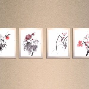 Arte Zen Quattro Nobili Orchidea Bambù Crisantemo Fiore di Pruno Dipinti Originali Sumi-e Feng Shui