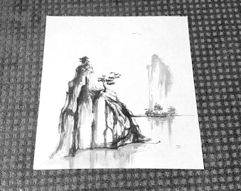 Original Chinese Ink Mountain Landscape, Sumi-e Wall Art, Zen Painting, Asian Ink Wash Art, Japandi Decor, Wabi Sabi Art, 18x18in