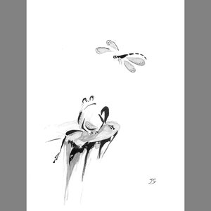 Thoughtful Frogy and Dragonfly Feng Shui Meditation Painting Original Japan ink painting Sumie Zen wall art