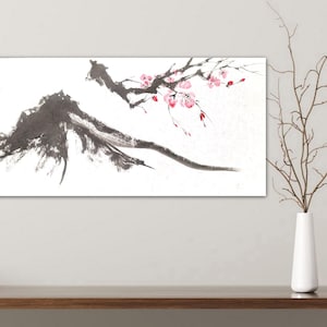 Set di opere d&#39;arte Sumie originali, dipinti a inchiostro giapponesi moderni Sakura, paesaggio montano in bianco e nero, decorazioni Zen Feng Shui con fiori di ciliegio.