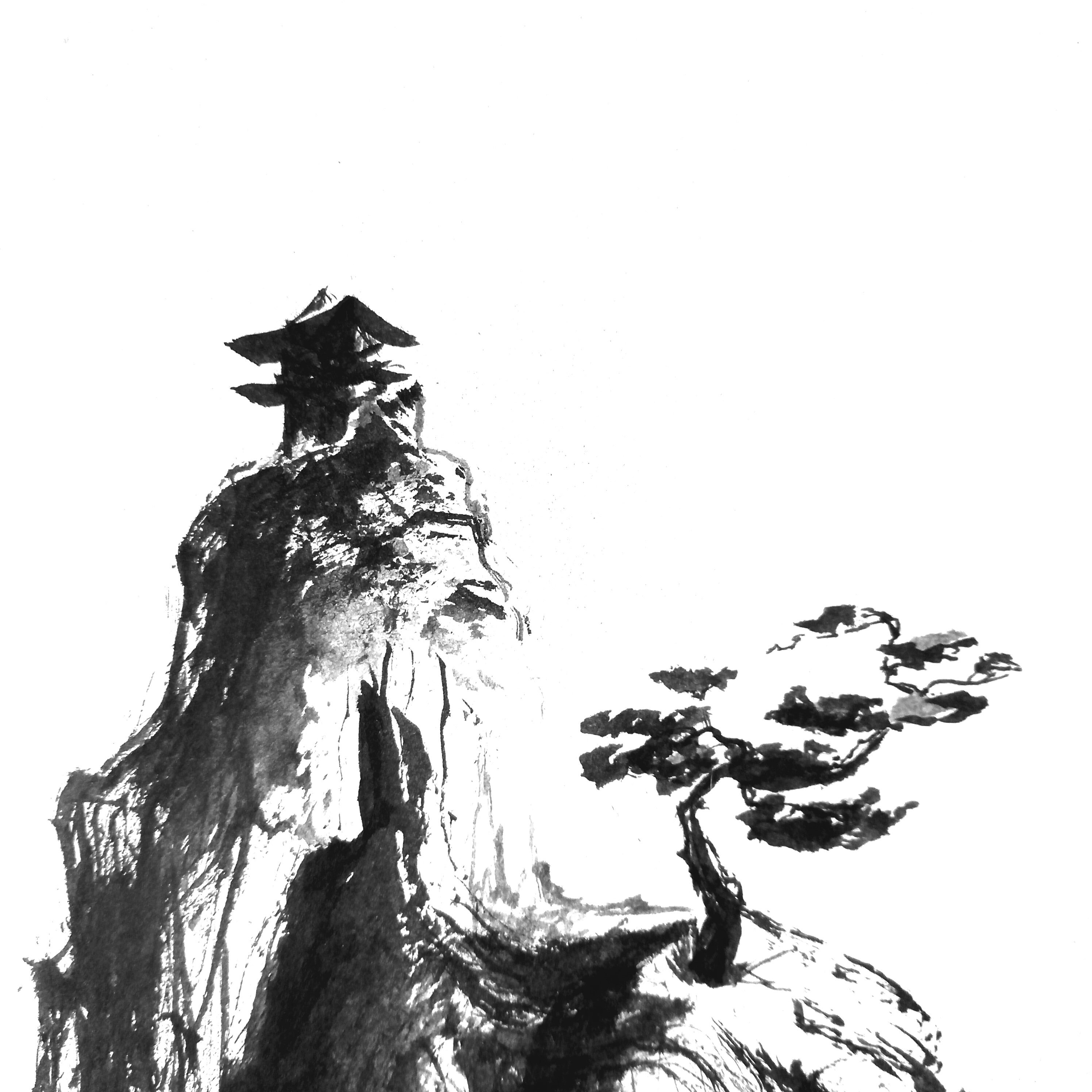 墨絵中国山水画：黒インク禅アート（18x18） - Etsy 日本