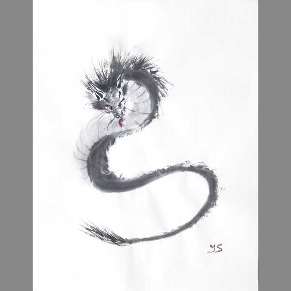 Feng Shui peinture Chinois Dragon Zen art Encre japonaise sur papier de riz Sumie Original Noir Blanc oeuvre