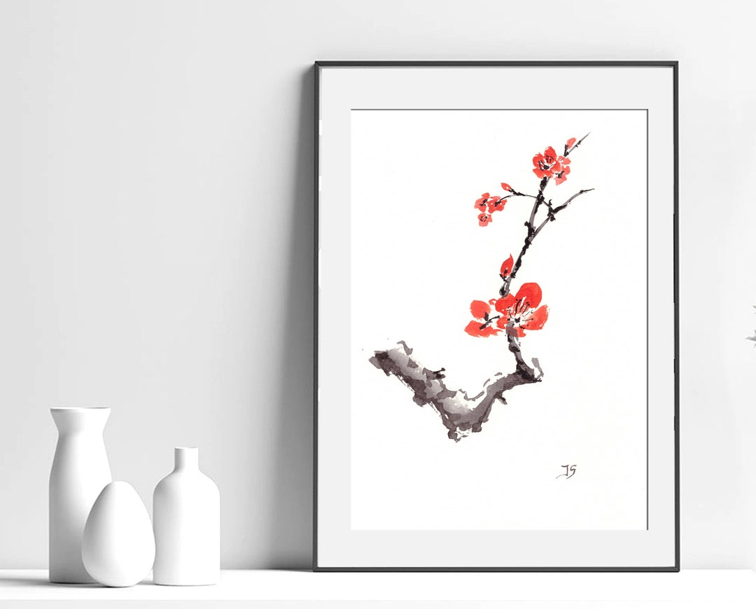 Original Japanese Ink Painting Sumie Small Artwork Sakura Cherry ...