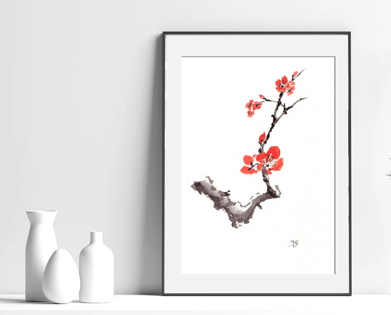 Original Japanese Ink Painting Sumie Small Artwork Sakura Cherry ...
