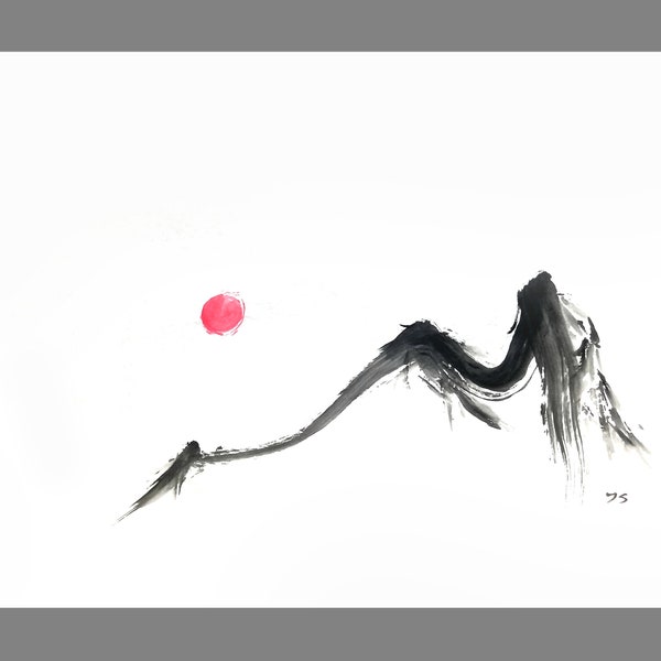 Art abstrait à l'encre de coucher du soleil sur la montagne, peinture Sumie originale, paysage noir et blanc, décoration zen Feng Shui, oeuvre d'art japonaise, 34 x 18 pouces