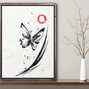 Dipinti a inchiostro giapponesi originali, arte moderna astratta con farfalle Sumie, opere d'arte in bianco e nero, decorazioni per la casa Zen Feng Shui