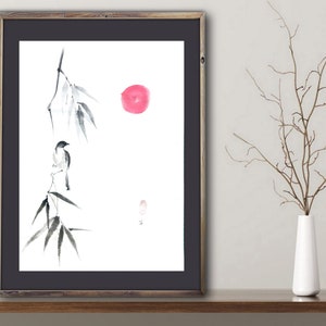 Bird on a Bamboo Branch Feng Shui painting Japanese ink artwork Sumie  Original artwork Black and white 14x18 inch