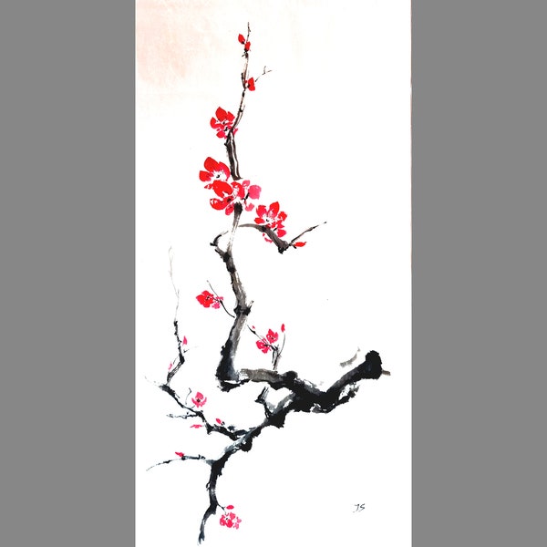 Fleurs de cerisier du Japon Sakura, peinture à l'encre japonaise originale, oeuvre d'art Feng Shui, paysage Sumie