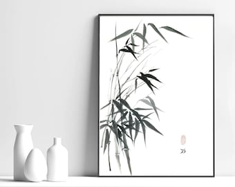 墨絵竹と満月の絵画：色紙に描かれたオリジナルの禅画 - Etsy 日本