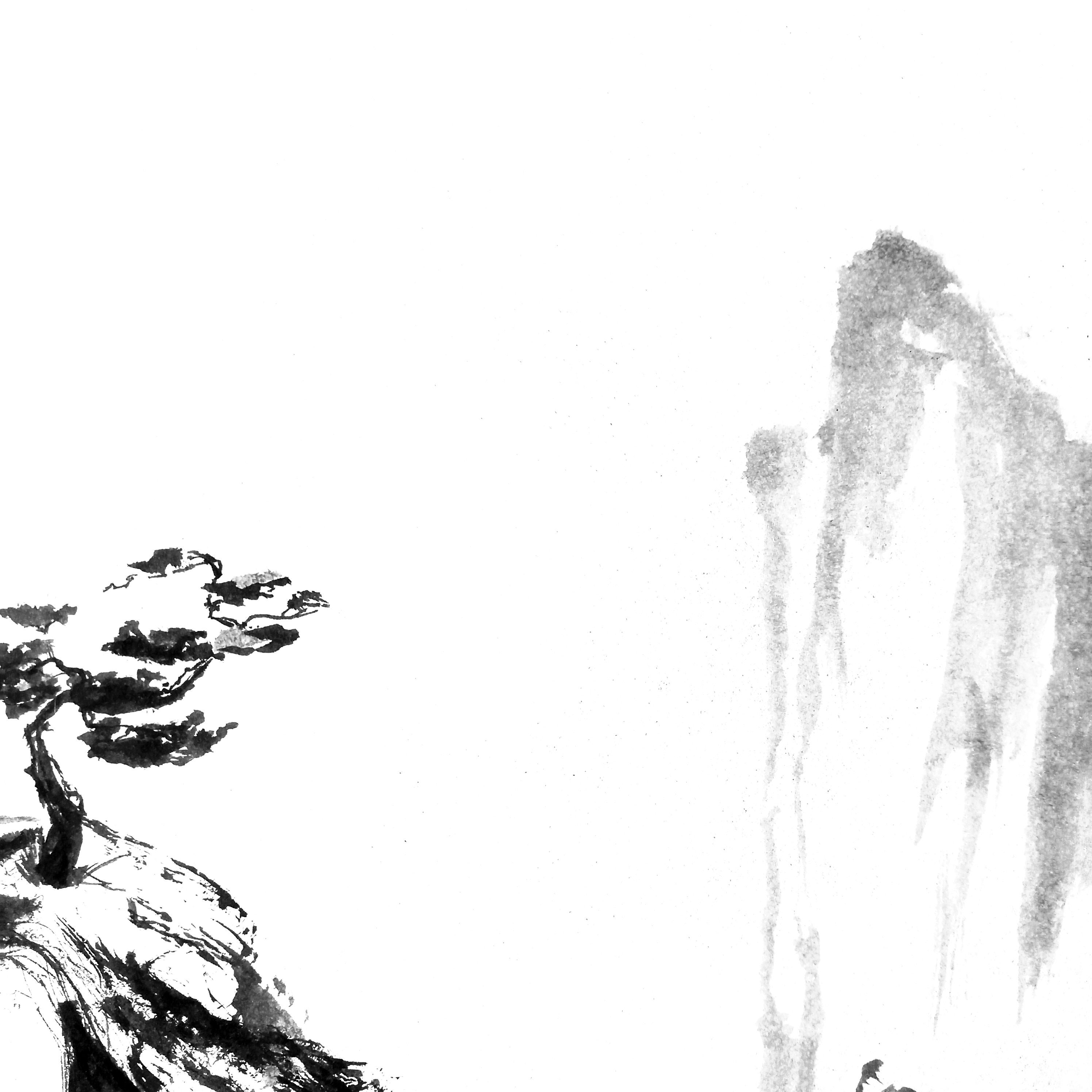 墨絵中国山水画：黒インク禅アート（18x18） - Etsy 日本