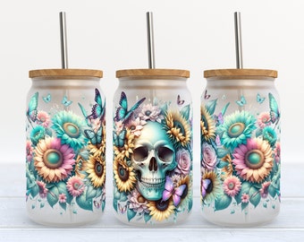 Skull with Sunflowers and Butterflies - 16 oz Libbey Glass Can Tumbler Sublimation Design - Design Digital Download PNG
