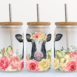Cow - Floral - 16 oz Libbey Glass Can Tumbler Sublimation Design - Design Digital Download PNG