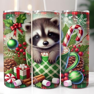 Cute Raccoon in Mug - Christmas Tumbler - 20oz Skinny Tumbler Sublimation Designs - Straight Tumbler Templates - Skinny Tumbler PNG