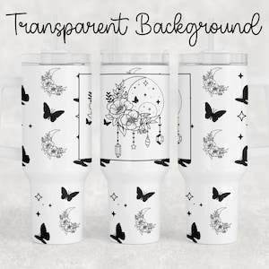 Flowers and Moon - Black and White - 40oz Quencher Tumbler Wrap Sublimation Design - Design Digital Download PNG