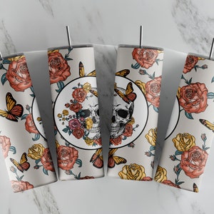 Flowers Skull - 20oz Skinny Tumbler Sublimation Designs - Straight and Tapered Tumbler Templates