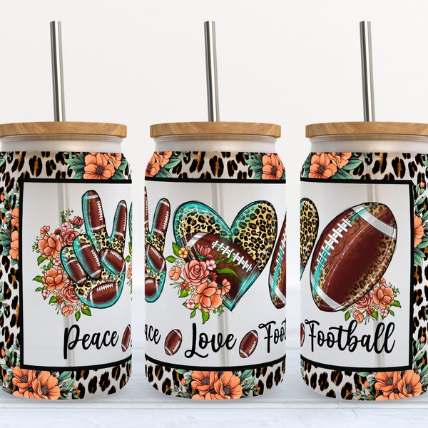 Peace Love Football- 16 oz Libbey Glass Can Tumbler Sublimation Design - Design Digital Download PNG