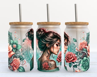 Chica con rosas y mandalas - SIN COSTURAS - Diseño de sublimación de vaso de lata de vidrio Libbey de 16 oz - Diseño Descarga digital PNG