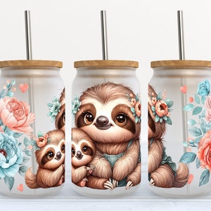 Baby Sloth and Mama - SEAMLESS - 16 oz Libbey Glass Can Tumbler Sublimation Design - Design Digital Download PNG
