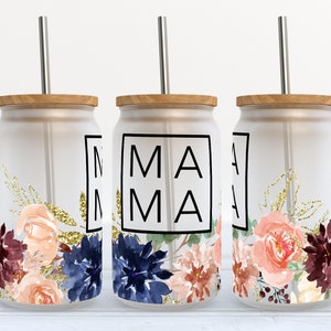 Mama - Gold Floral - 16 oz Libbey Glass Can Tumbler Sublimation Design - Design Digital Download PNG