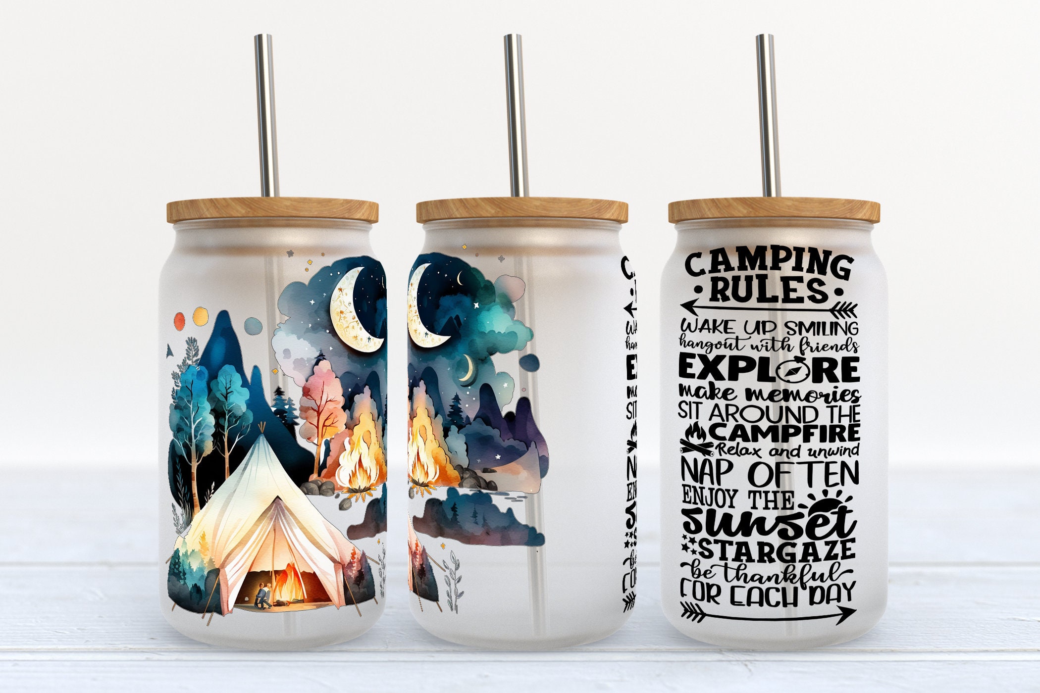 Camping Rules - 16 oz Libbey Glass Can Tumbler Sublimation Design - Design Digital Download PNG