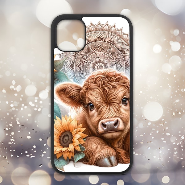 Highland Cow Mandala Sunflowers -  Sublimation Phone Case Png,  Sublimation Template, Phone Case Design, Digital Download