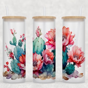 Cactus and Coral Flowers - 25 oz Libbey Glass Can Tumbler Sublimation Design - Design Digital Download PNG
