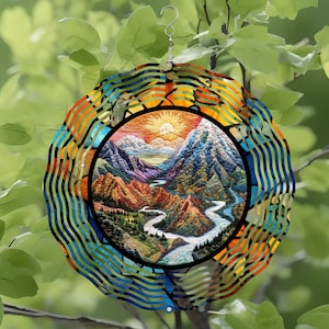 Windspiel Png | Gestickte Berglandschaft | Digitaler Download | Windspiel für Outdoor / Gärten | 10,5 Zoll Runde Sublimation