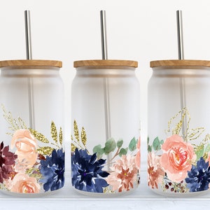 Gold Floral - 16 oz Libbey Glass Can Tumbler Sublimation Design - Design Digital Download PNG