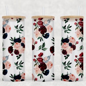 Burgundy Navy Floral - 25 oz Libbey Glass Can Tumbler Sublimation Design - Design Digital Download PNG