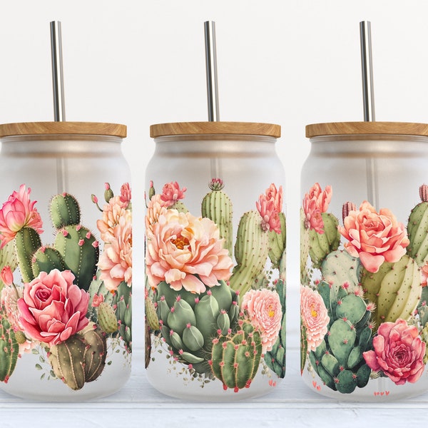 Floral Cactus - Succulents - SEAMLESS - 16 oz Libbey Glass Can Tumbler Sublimation Design - Design Digital Download PNG