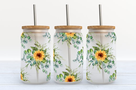 Sunflower 16oz Libbey Glass Can Tumbler Seamless, 16oz Glass Can