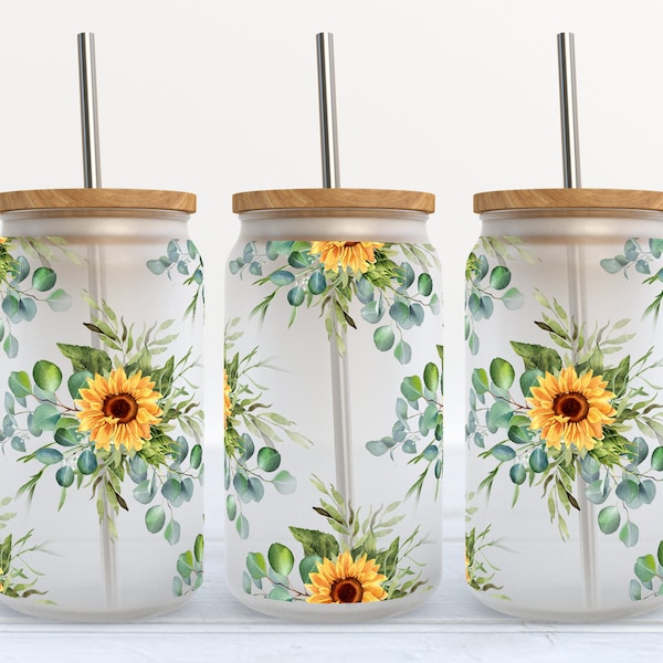 Sunflowers - SEAMLESS - 16 oz Libbey Glass Can Tumbler Sublimation Design - Design Digital Download PNG