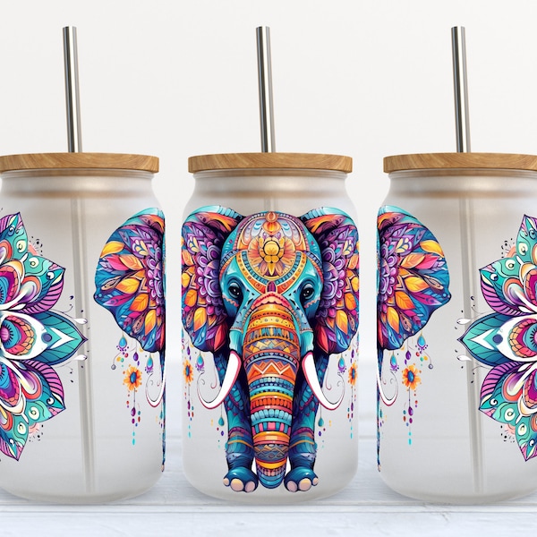 Mandala Elephant - 16 oz Libbey Glass Can Tumbler Sublimation Design - Design Digital Download PNG