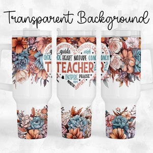 Teacher - Peach and Blue Flowers - Floral - 40oz Quencher Tumbler Wrap Sublimation Design - Design Digital Download PNG
