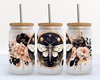 Moth With Flowers - 16 oz Libbey Glass Can Tumbler Sublimation Design - Design Digital Download PNG