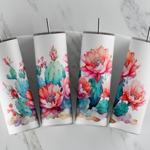 Cactus and Coral Flowers - 20oz Skinny Tumbler Sublimation Designs - Straight and Tapered Tumbler Templates