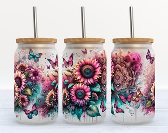 Girasoles, mariposas y mandala - SIN COSTURAS - Diseño de sublimación de vaso de lata de vidrio Libbey de 16 oz - Diseño Descarga digital PNG