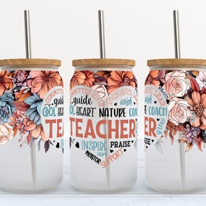 Teacher - Peach And Blue Flowers - 16 oz Libbey Glass Can Tumbler Sublimation Design - Design Digital Download PNG