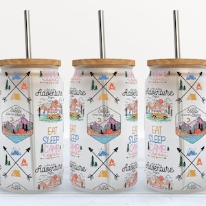 Eat Sleep Camp-Wiederholung - SEAMLESS - 16 oz Libbey Glass Can Tumbler Sublimationsdesign - Design Digital Download PNG