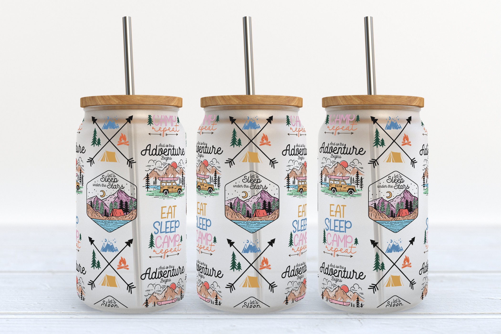 Eat Sleep Camp Repeat - SEAMLESS - 16 oz Libbey Glass Can Tumbler Sublimation Design - Design Digital Download PNG
