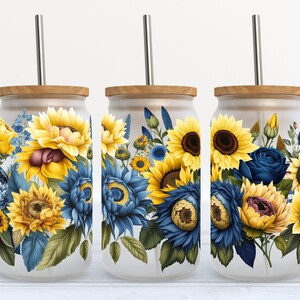 Blue and Yellow Floral - 16 oz Libbey Glass Can Tumbler Sublimation Design - Design Digital Download PNG