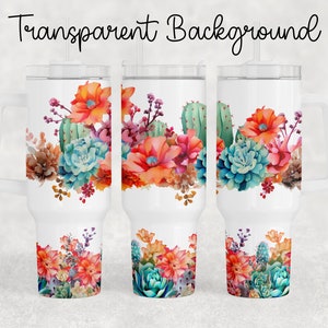 Cactus with Coral Flowers - 40oz Quencher Tumbler Wrap Sublimation Design - Design Digital Download PNG