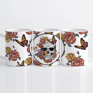 Skull and Flowers - 11oz Mug Wrap Sublimation Design - Coffee Mug Wrap Design - Digital Download PNG