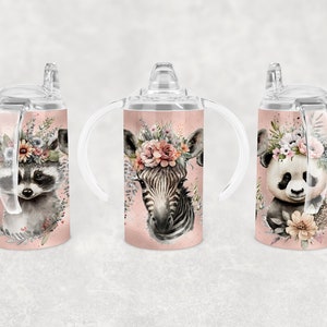 Sippy Animals With Flowers - 12oz Sippy Kid Cup Wrap - Dritto - Sublimazione - Sublimazione Sippy Cup - Sublimazione PNG - Tumbler Sippy