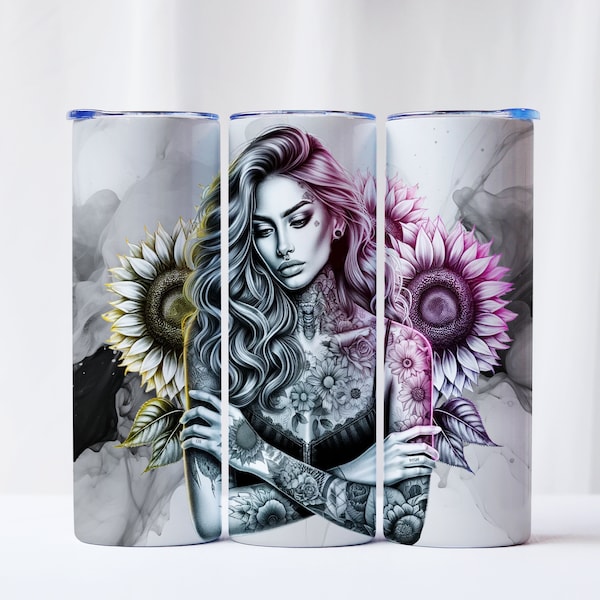 Girl with Tattoos and Sunflowers - 20oz Skinny Tumbler Sublimation Designs - Straight 20oz Tumbler Png - 20oz Tumbler Wrap