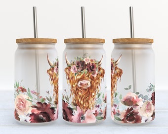 Highland Cow Floral - 16 oz Libbey Glass Can Tumbler Sublimation Design - Design Digital Download PNG
