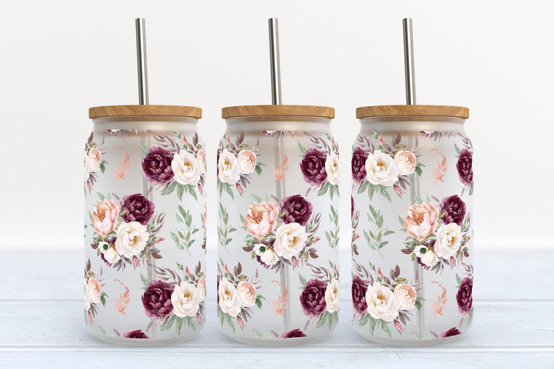 Plum Blush Floral - 16 Oz Libbey Glass Can Tumbler Sublimation Design ...