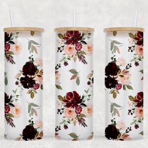 Burgundy Blush Floral - 25 oz Libbey Glass Can Tumbler Sublimation Design - Design Digital Download PNG